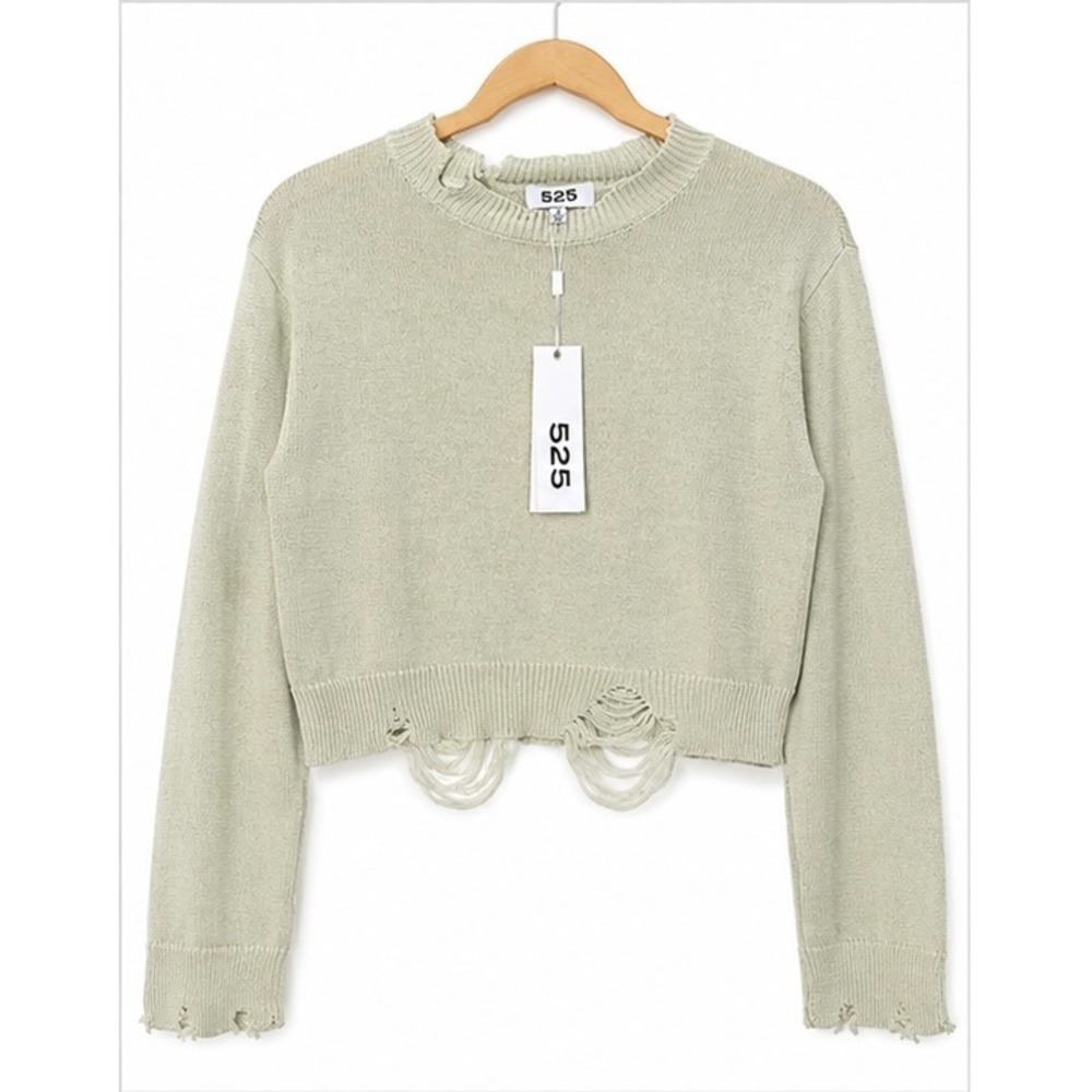 525 America Distressed Cropped Cotton Sweater White Sage SP22S021 Small